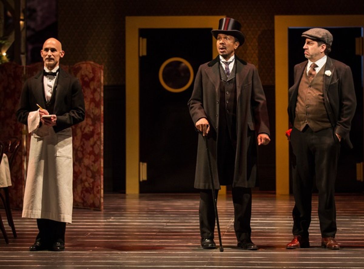 Lawrence E. DiStasi (Cabman/Rudolph), Allen Gilmore (Horace Vandergelder) and Marc Grapey (Malachi Stack)  at 