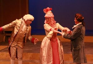 Luke Walker as Mozart, Melissa Fenwick as Constanze, Nelsen Spickard as Salieri Photo