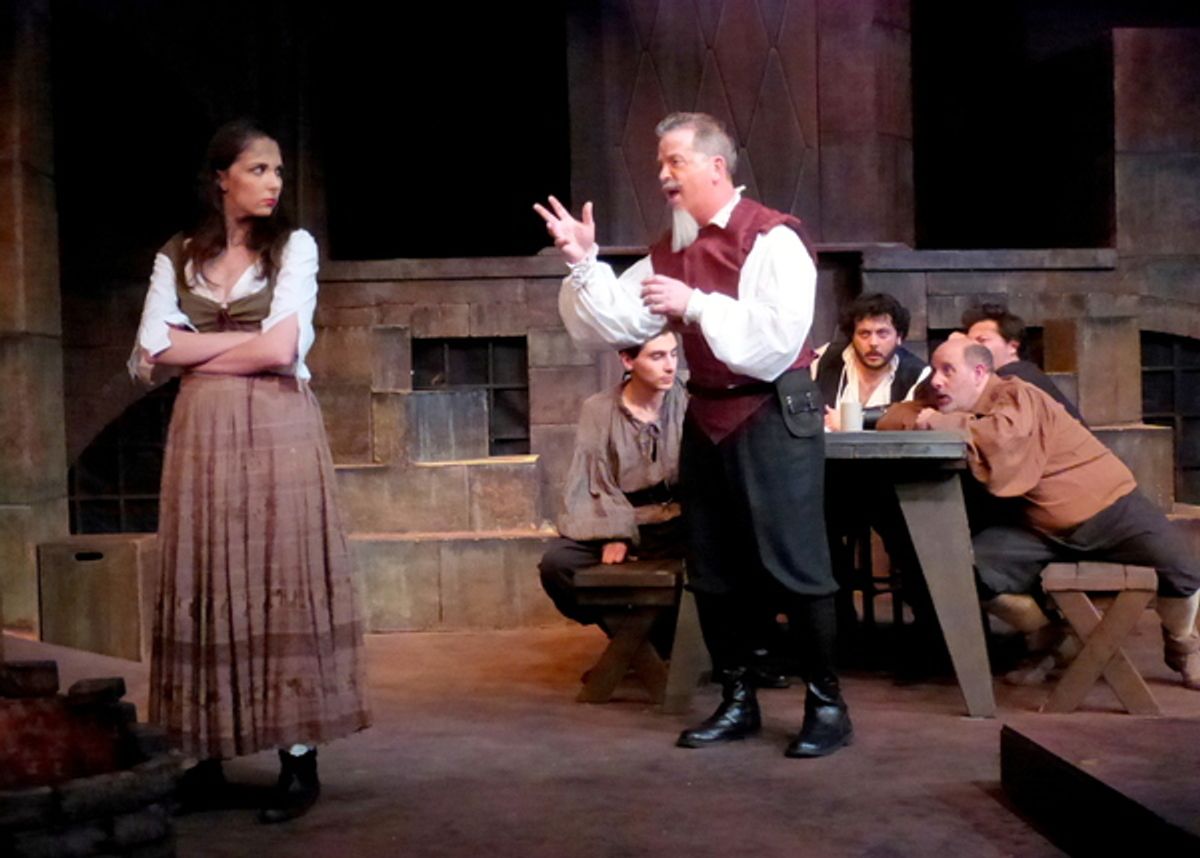 Don Quixote meets his lady 'Dulcinea.' from left: Rachel Mann, Ben Lupejkis with Samuel Goldman, Jeol D. Castro, Slater Ross, Terry Delegeane at table at 