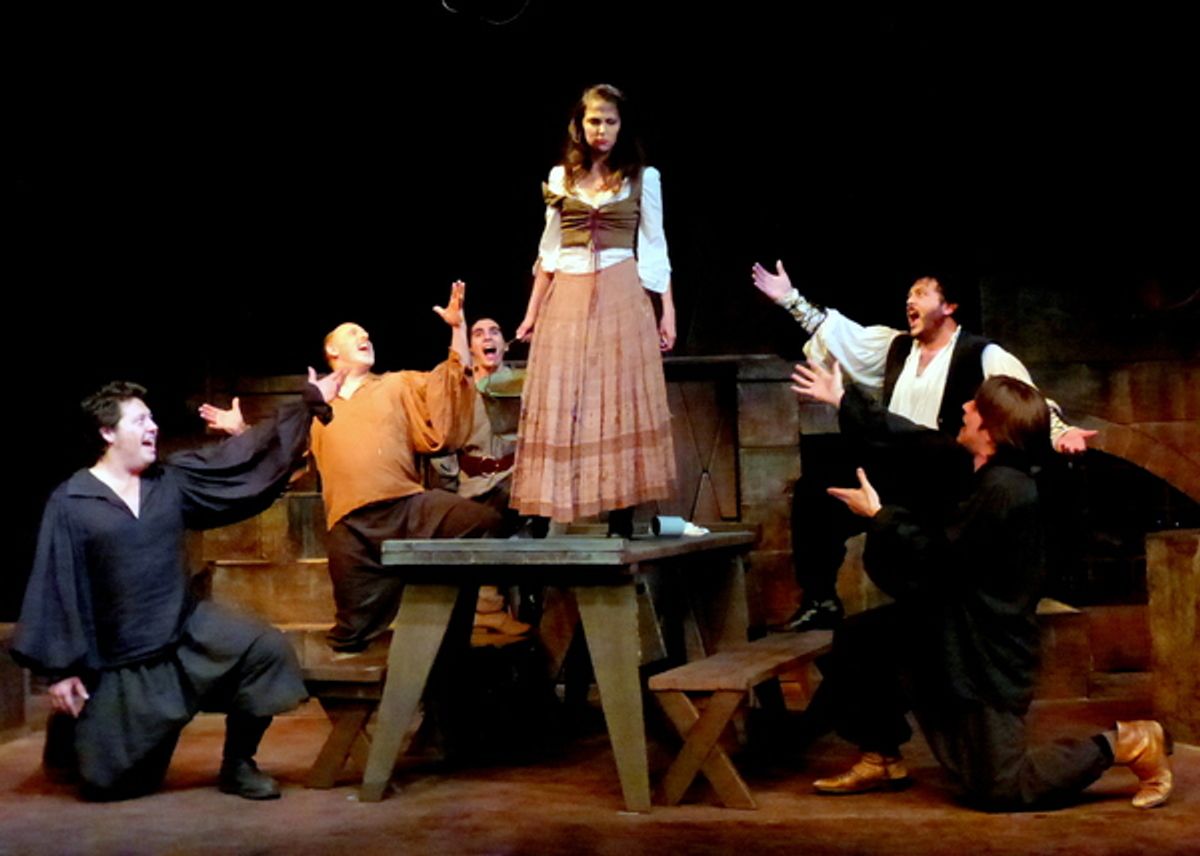 The Muleteers tease Aldonza for being mistaken as Don Quixote's 'Dulcinea.' From left: Slater Ross, Terry Delegeane, Samuel Goldman, Rachel Mann, Joel D. Castro, Nick Bradford at 