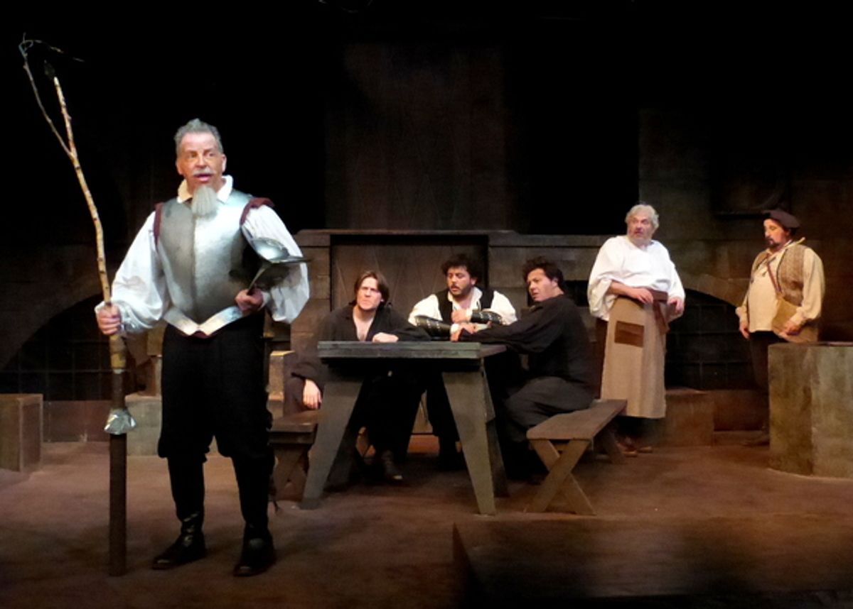 Don Quixote and Sancho arrive at an Inn - their next adventure begins  from left: Ben Lupejkis, Nick Bradford, Joel D. Castro, Slater Ross, Martin Feldman, Bradley Miller at 