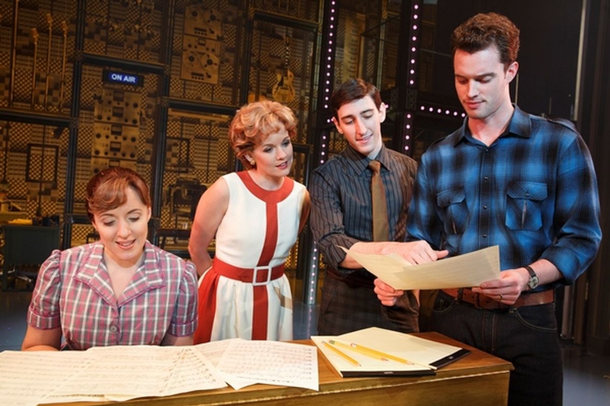 Curt Bouril (â€"Don Kirshnerâ€), Liam Tobin (Gerry Goffin), Abby Mueller (Carole King), Ben Fankhauser (Barry Mann) and Becky Gulsvig (Cynthia Weil) at 