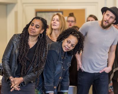 Playwright Suzan-Lori Parks, director Jo Bonney (background) and cast members Tonye P Photo