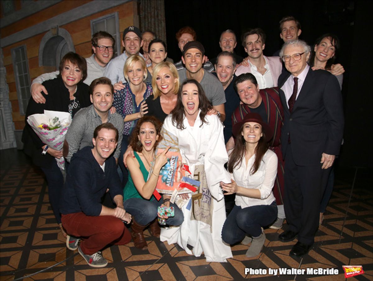 Cameron Adams with Jane Krakowski, Zachary Levi, Nicholas Barasch, Peter Bartlett, Byron Jennings,  Cavin Creel, Michael McGrath, Sheldon Harnick and Laura Benanti with cast  at 