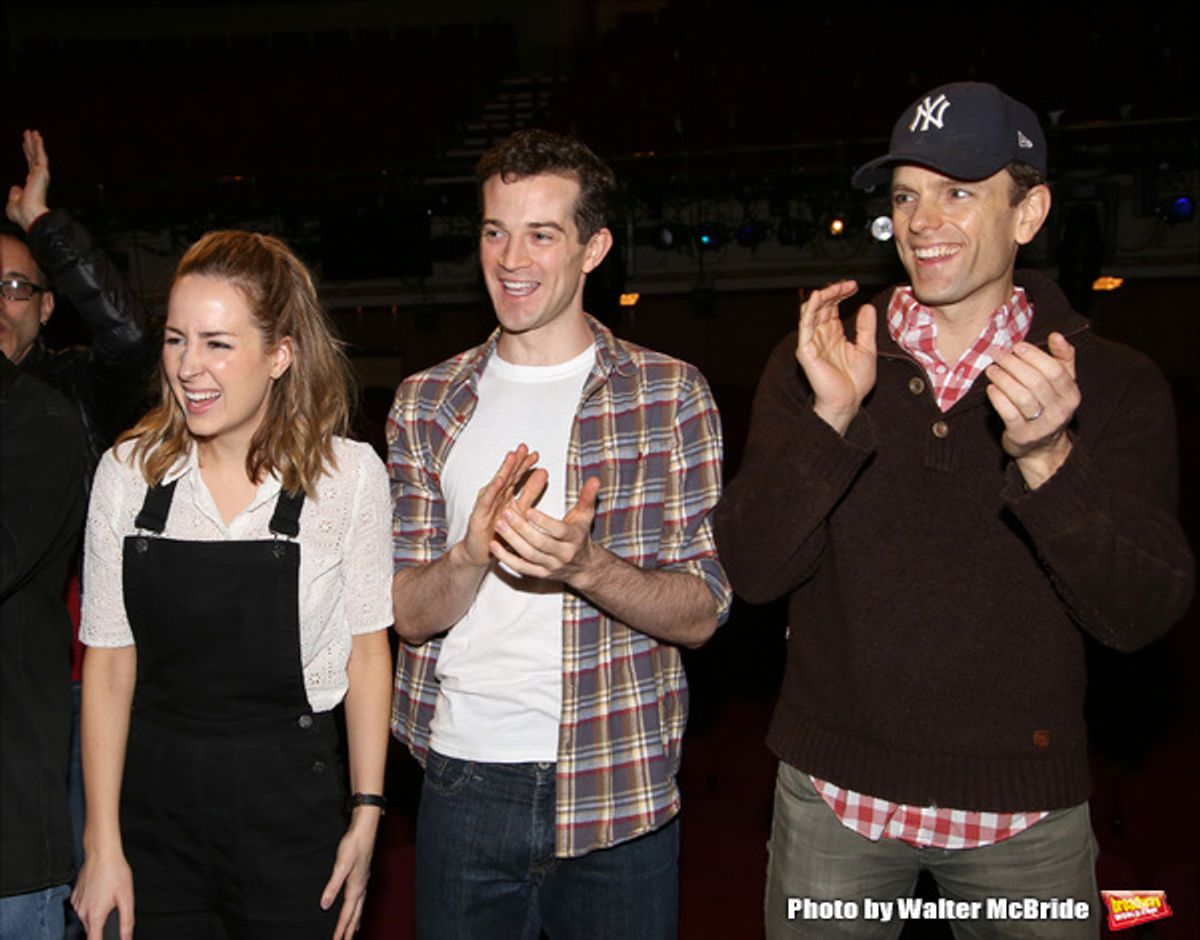 Hannah Elless, A.J. Shively and Paul Alexander Nolan attends the Broadway Opening Night Actors' Equity Gypsy Robe Ceremony honoring Sarah Jane Shanks for 'Bright Star' at the Cort Theatre on March 24, 2016 in New York City. at 