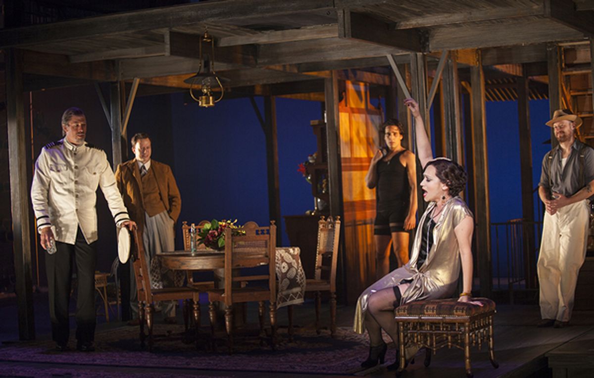 Eden Espinosa (front) with (from left) Mike Sears as Quartermaster, Tally Sessions as Alec MacPhail, Jared Zirilli as Alfred Davidson, and Jeremy Davis as Jo at 