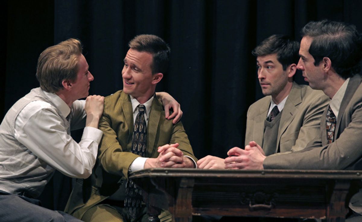 Thomas Campbell as Eddie, Chris Davis as Dore, Conor Riordan Martin as Irving and Michael Wood as Moss Hart at 
