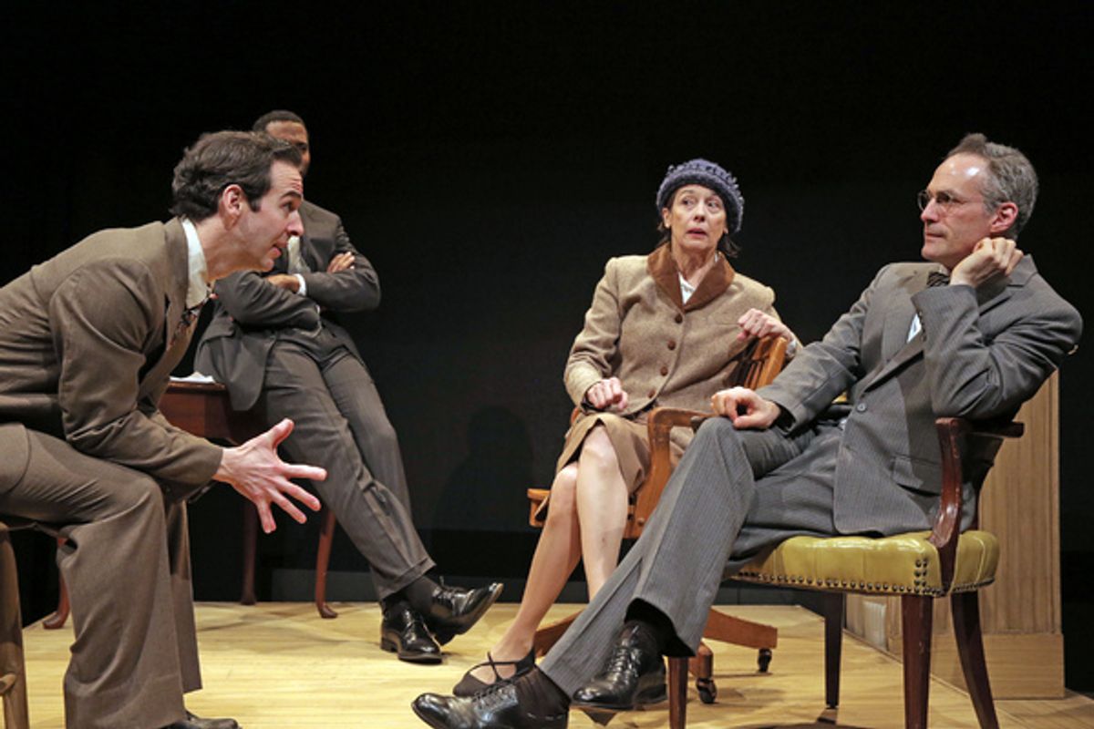 Michael Wood as Moss Hart, William Oliver Watkins as Max Siegel, Lisa Stathoplos as Frieda Fishbein and Mark Rubin as George S. Kaufman at 