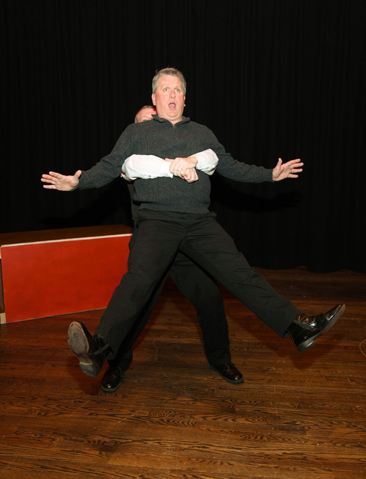 Charley Wykeham (Paul Michel) pulling Lord Fancourt Babberly (Steve Dincau) out of window. at 