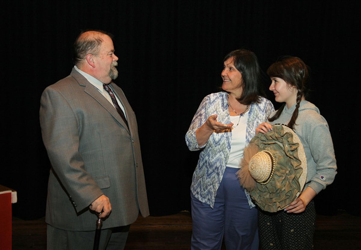 Donna Lucia d' Alvadorez (Barbara Ellis) introducing Ela Delahay (Maura McErlean) to Sir Francis Chesney (Gene Ellis). at 
