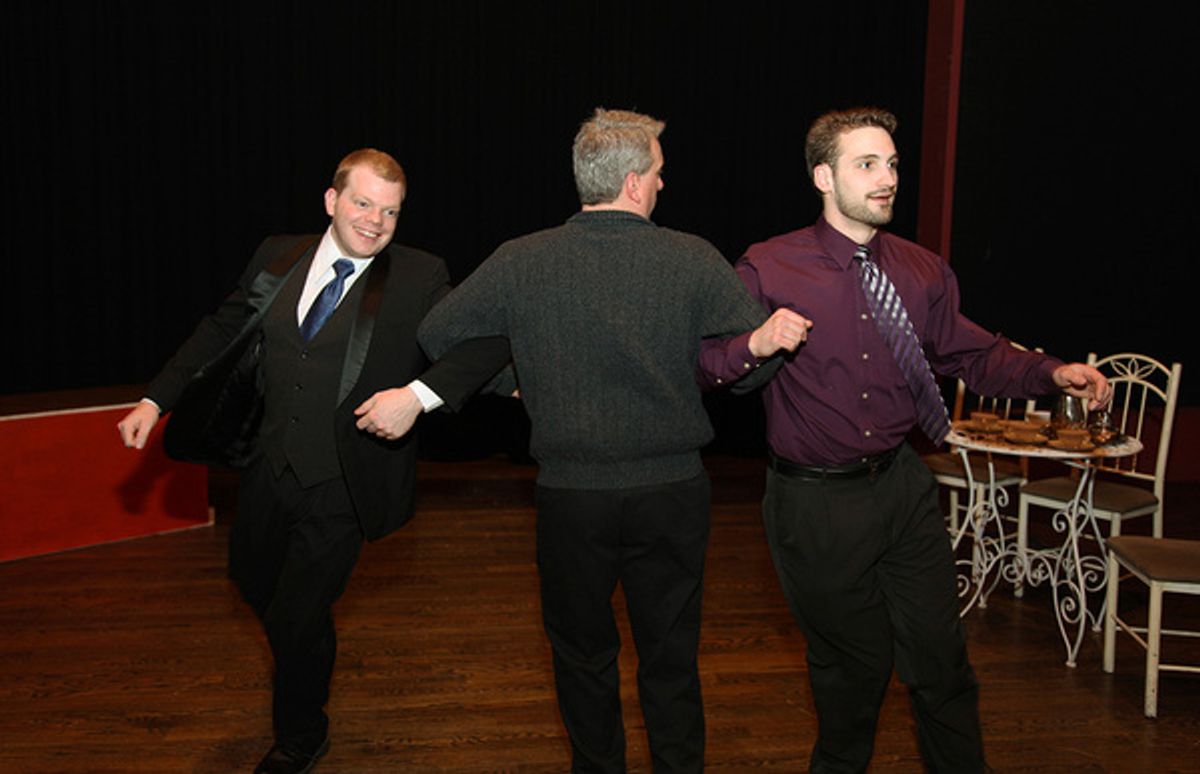 Charley Wykeham (Paul Michel) and Jack Chesney (Colin York) detaining Lord Fancourt Babbertly (Steve Dincau). at 
