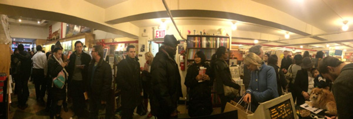 The line for those patiently waiting for Stephen Adly Guirgis to sign his scripts spanned the length of the Drama Book Shop in New York.   at 