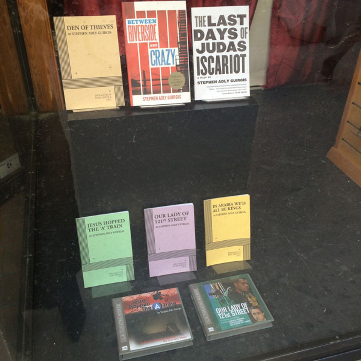 Plays by Stephen Adly Guirgis on display in the window of the Drama Book Shop in New York. at 