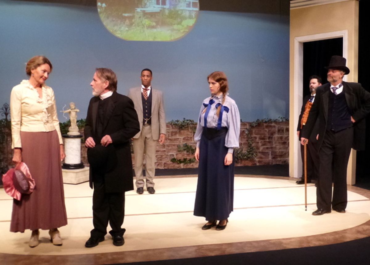 Vivie overhears a most intriguing conversation in the garden. From left: Susan Hardie, Ken MacFarlane, Brooks Darnell, Henna Tovey, Craig Jessen, Frank Krueger at 