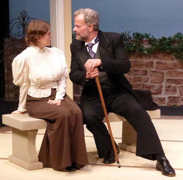 Sir George Crofts (Frank Krueger) pleads his case to Vivie (Jenna Tovey). Photo