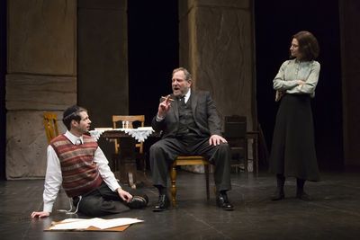 Miles G. Jackson as Asher Lev, Bob Ari as Yitzchok Lev, and Lena Kaminsky as Rivkeh L Photo