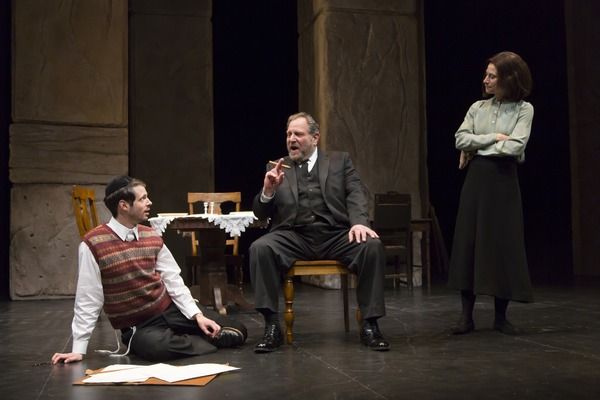Miles G. Jackson as Asher Lev, Bob Ari as Yitzchok Lev, and Lena Kaminsky as Rivkeh L Photo