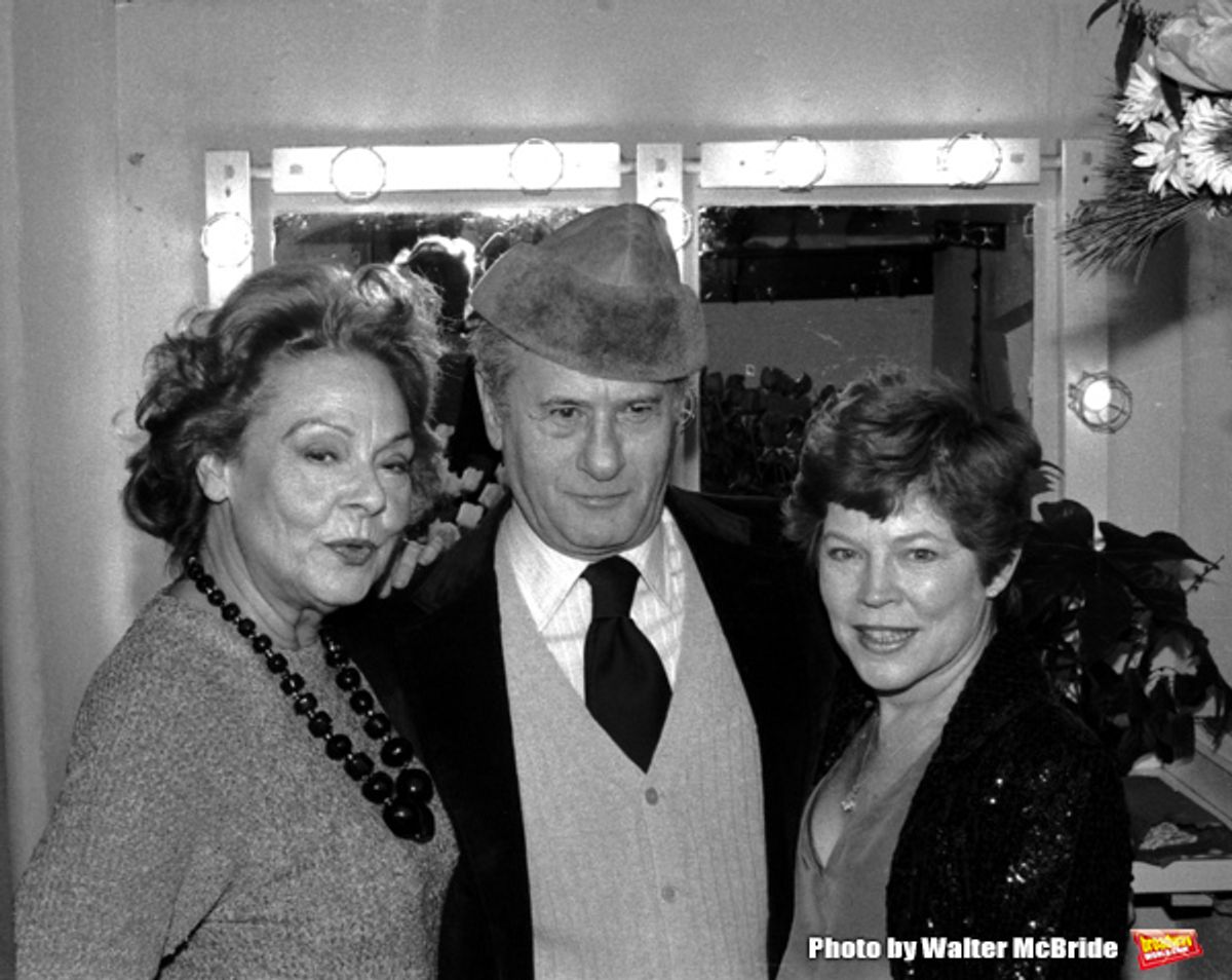 Eli Wallach & Anne Jackson visit Irene Worth starring in  Ibsen's ''John Gabriel Borkman.'' Backstage on Opening Night at Circle in the Square Theatre inNew York City. 12/18/1980 at 