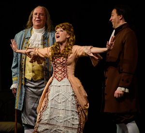 Meredith Beck as Martha Jefferson as Ben Franklin and John Adams look on Photo