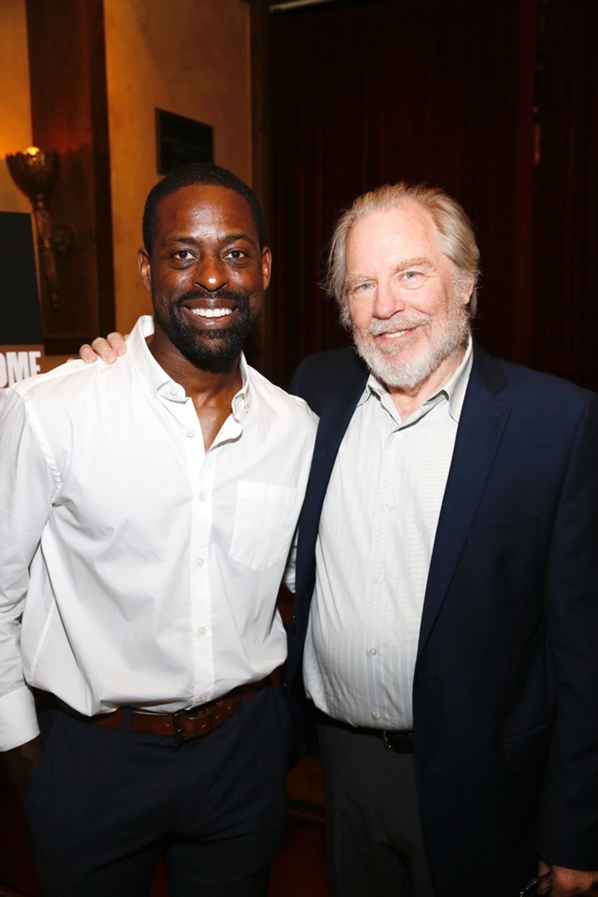 From left, cast members Sterling K. Brown and Michael McKean pose during the party for the opening night performance of 'Father Comes Home From The Wars (Parts 1, 2 & 3)' at Center Theatre Group/Mark Taper Forum on Sunday, April 17, 2016, in Los Angeles,  at 