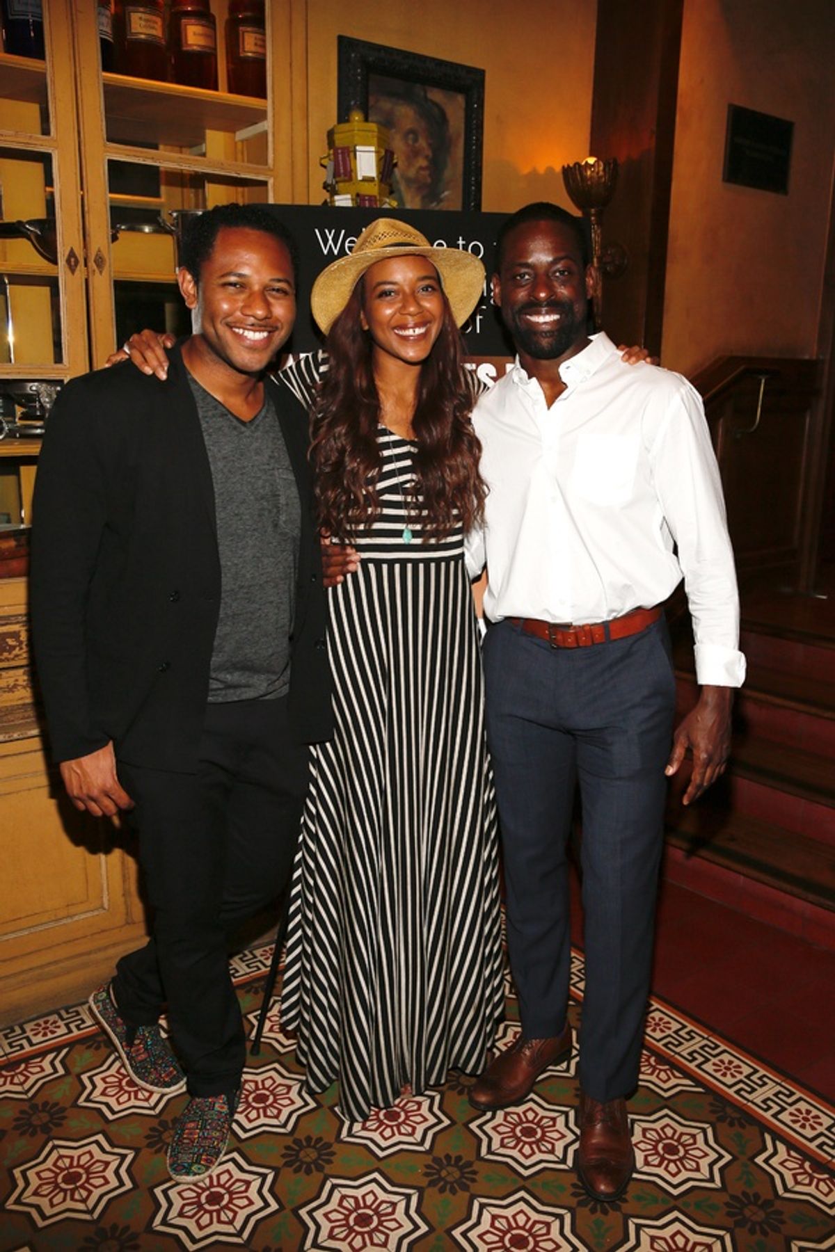 From left, cast members Larry Powell, Sameerah Luqmaan-Harris and Sterling K. Brown pose during the party for the opening night performance of 'Father Comes Home From The Wars (Parts 1, 2 & 3)' at Center Theatre Group/Mark Taper Forum on Sunday, April 17, at 