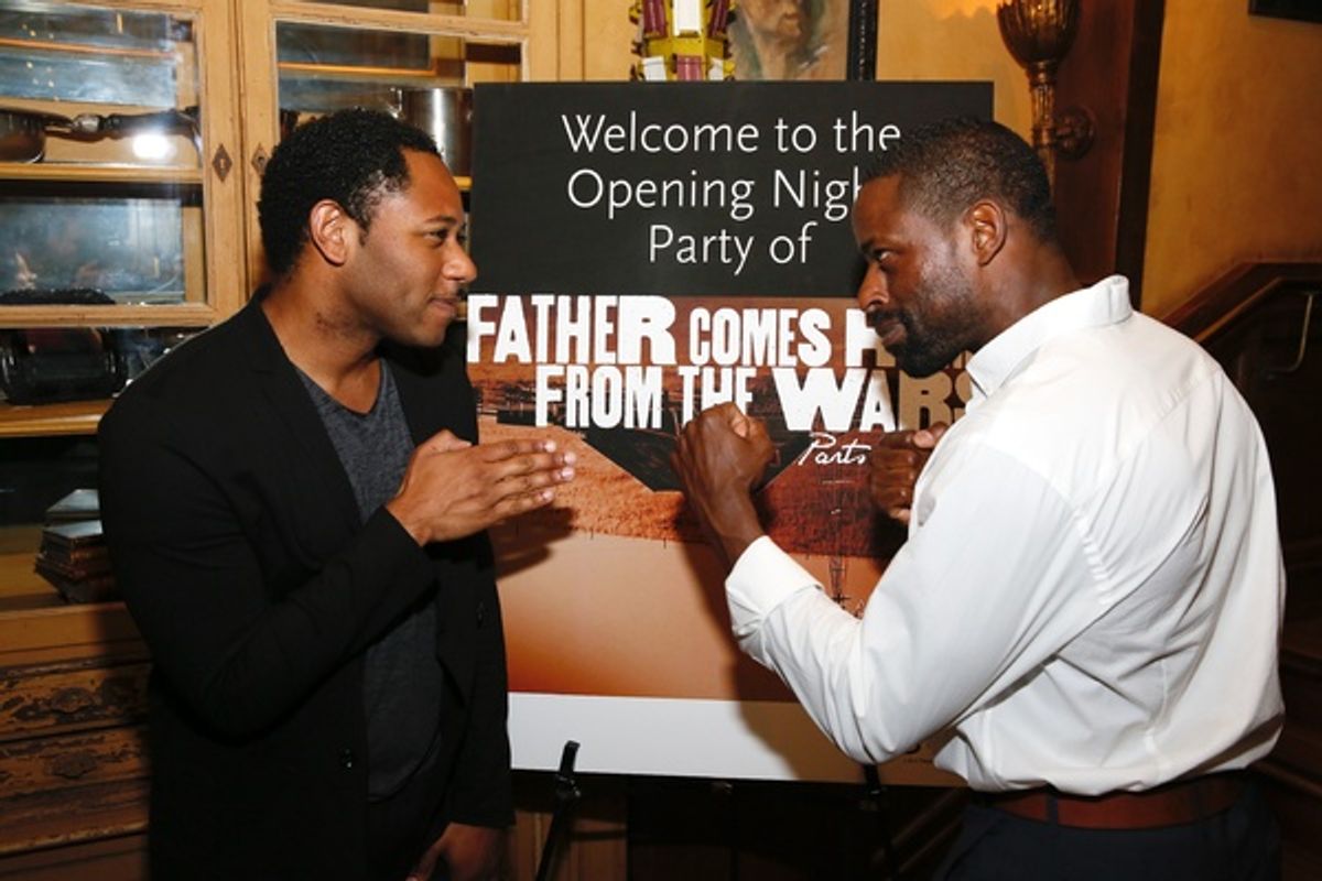 From left, cast members Larry Powell and Sterling K. Brown pose during the party for the opening night performance of 'Father Comes Home From The Wars (Parts 1, 2 & 3)' at Center Theatre Group/Mark Taper Forum on Sunday, April 17, 2016, in Los Angeles, Ca at 