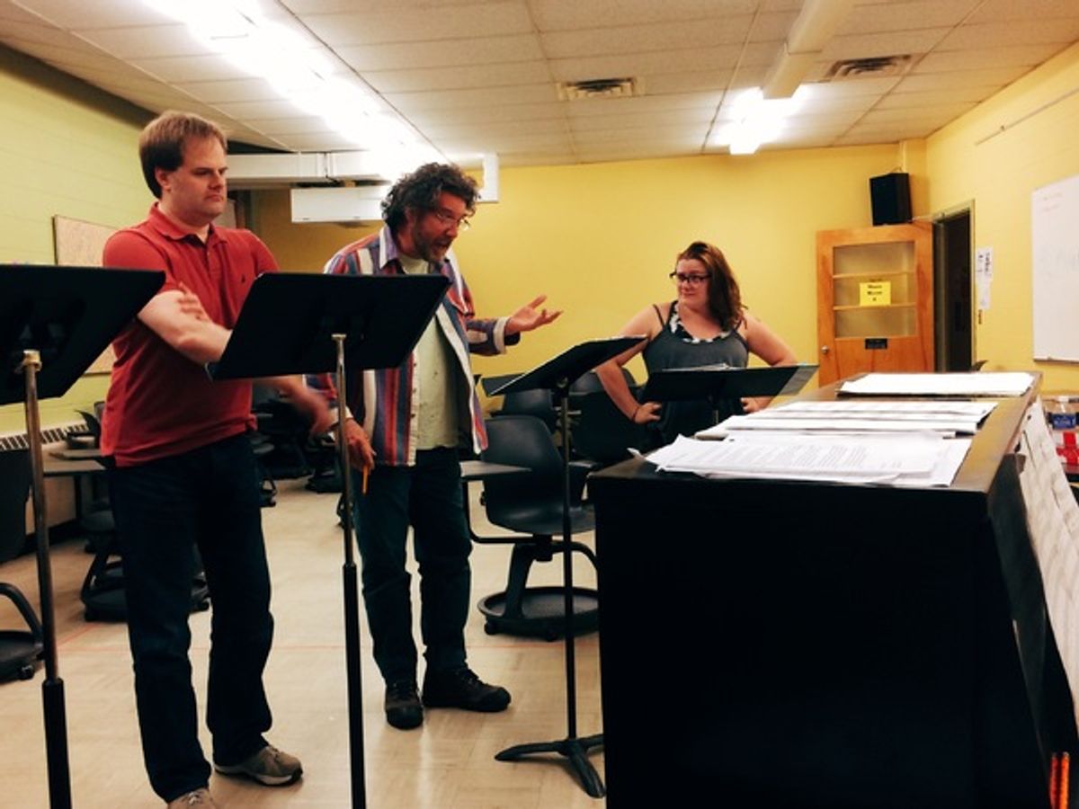 Alex Jones ('Mad Garlic Jack'), Robert Dalton ('Backbeard'), and Taylor Hoffman ('Scarlet Doubloon') in music rehearsal. at 