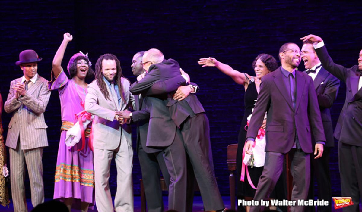 Amber Iman, Brandon Victor Dixon, Joshua Henry, Savion Glover, George C. Wolfe, Audra McDonald, Brian Stokes Mitchell, Daryl Waters during the Broadway Opening Night Curtain Call for 'Shuffle Along' at The Music Box Theatre on April 28, 2016 in New York C at 