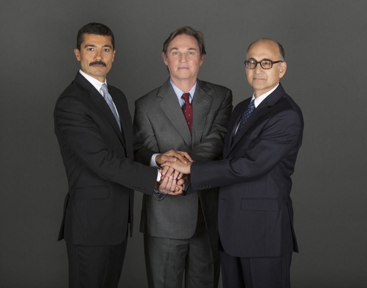 Khaled Nabawy as Anwar Sadat, Richard Thomas as Jimmy Carter, and Ned Eisenberg as Menachem Begin at 