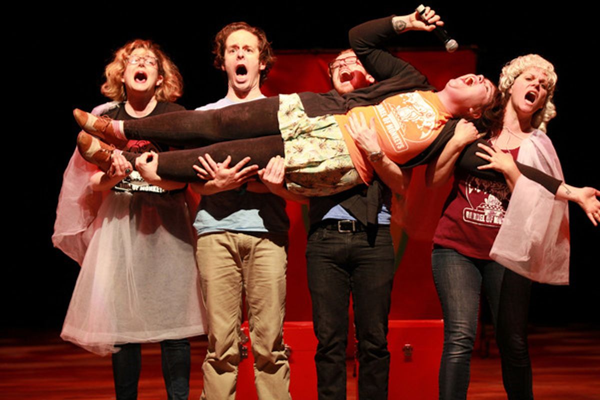 Barrel of Monkeys company members Gwen Tulin (front) and (back, left to right) Rachel Wilson, Caleb Probst, Rawson Vint and Kate Staiger perform ''Cry People'' at 
