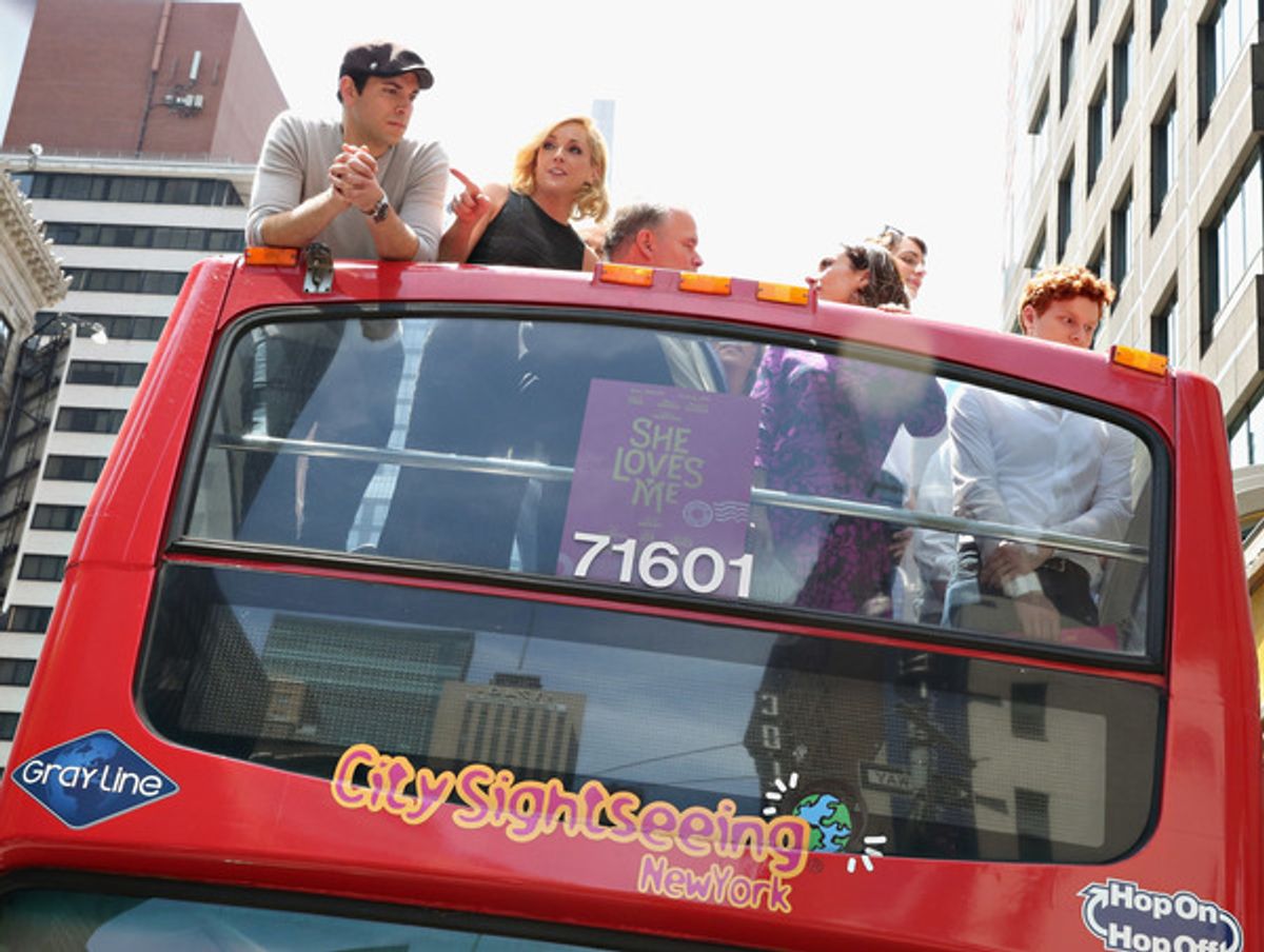 SHE LOVES ME Zachary Levi, Jane Krakowski, Tom McGowan, Laura Benanti and Nicholas Barasch attend as lyricist Sheldon Harnick unveils his 'Ride Of Fame' bus at 