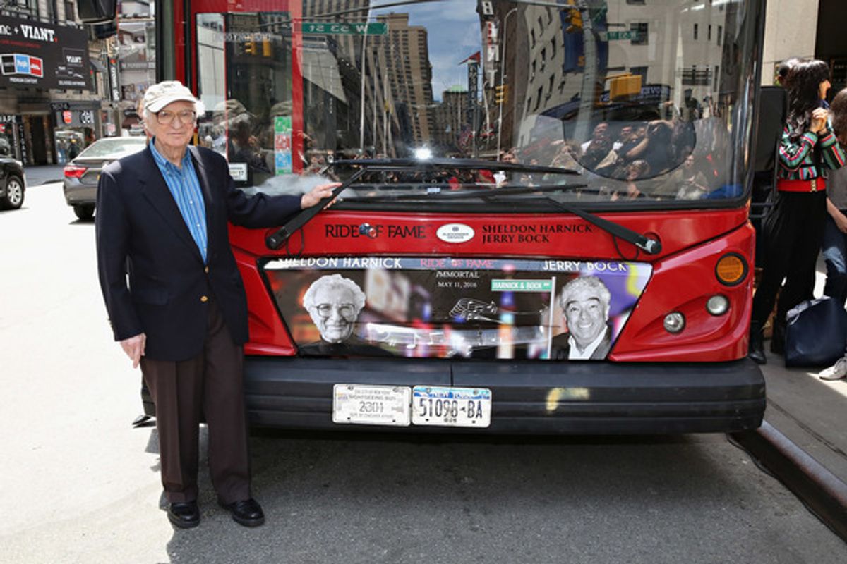 Lyricist Sheldon Harnick poses for a photo after the unveiling of the Sheldon Harnick 'Ride Of Fame' bus during the RIDE OF FAME Induction Ceremony on May 11, 2016 in New York City. at 