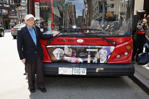 Lyricist Sheldon Harnick poses for a photo after the unveiling of the Sheldon Harnick 'Ride Of Fame' bus during the RIDE OF FAME Induction Ceremony on May 11, 2016 in New York City. @ BroadwayWorld Lyricist Sheldon Harnick poses for a photo after the unveiling of the Sheldon Harnick Photo