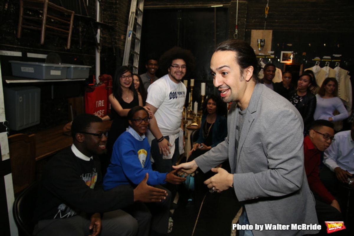 Lin-Manuel Miranda greets the students at NYC High School Students Arrive for HAMILTON's Next #EduHam!