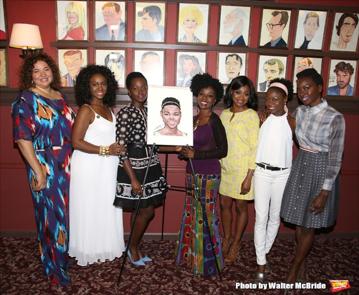 Lupita Lyong'o with Eclipsed director Liesl Tommy, cast members Saycon Sengbloh, Akuosa Busia, Pascale Armand, Zainab Jah, and playwright Danai Gurira at 