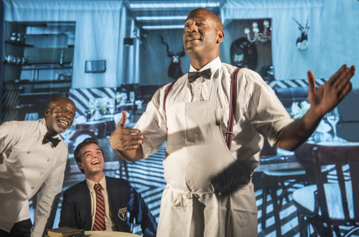 Sam (L. Peter Callender) and Hally (Andrew Humann) watch as Wille (Adrian Roberts) demonstrates ballroom dance steps at 