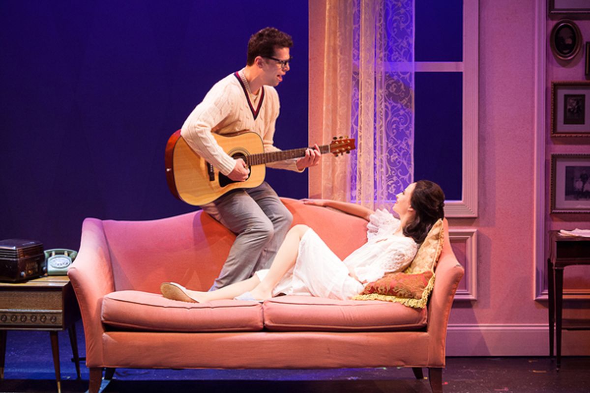 Michael Siktberg (center, Buddy Holly) and Beatriz Maranjo (Maria Elena Holly) in 'BUDDY: The Buddy Holly Story' at Theatre By The Sea thru June 19. Photo by Steven Richard Photography at 