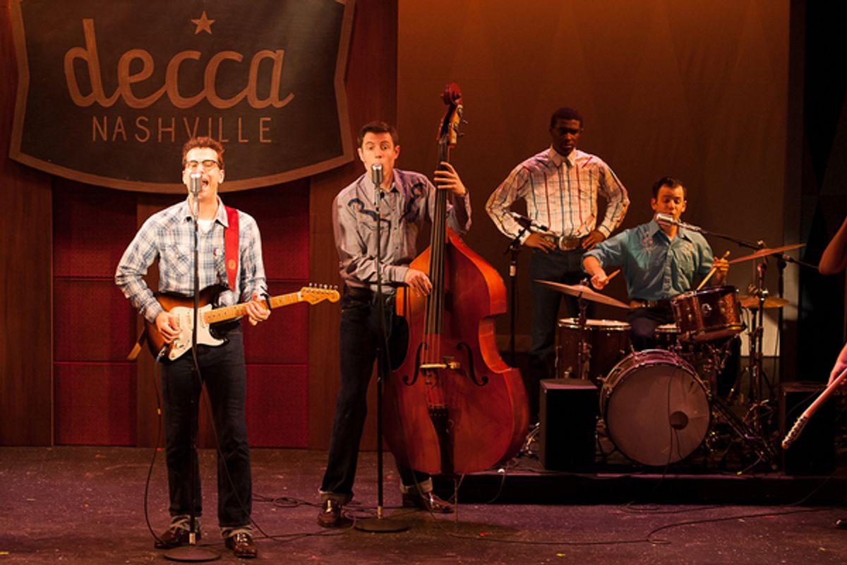 Michael Siktberg (center, Buddy Holly) and the cast of 'BUDDY: The Buddy Holly Story' at Theatre By The Sea thru June 19. Photo by Steven Richard Photography at 