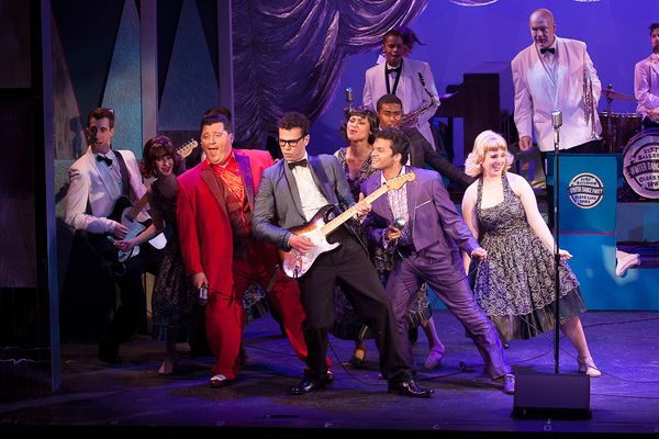 Michael Siktberg (center, Buddy Holly) with Jean-Pierre Ferragamo (The Big Bopper), a Photo