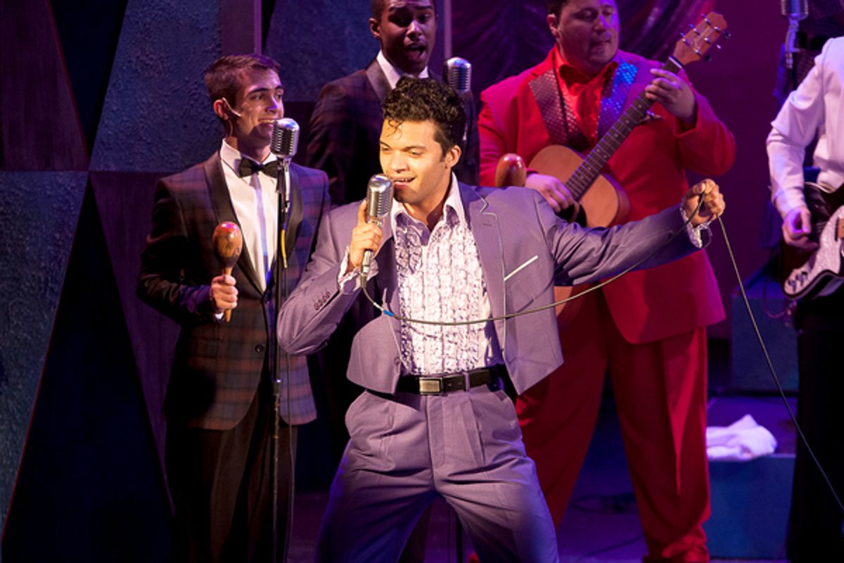 Albert Jennings (Ritchie Valens) with the cast of 'BUDDY: The Buddy Holly Story' at Theatre By The Sea thru June 19. Photo by Steven Richard Photography at 