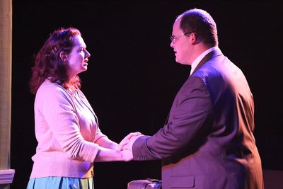 Ann Hier as Trude Weiss and Zachary Allen Farmer as Leo Szilard, singing "Little Fire Photo