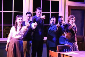 (l-r) Victoria Valentine, Reynaldo Arceno, Ryan Scott Foizey, Sean Michael, Jeffrey M. Wright, and Larssia White, singing "Little Fire," in New Line Theatre's ATOMIC. Photo credit: Jill Ritter Lindberg. @ BroadwayWorld (l-r) Victoria Valentine, Reynaldo Arceno, Ryan Scott Foizey, Sean Michael, Jeffrey M Photo