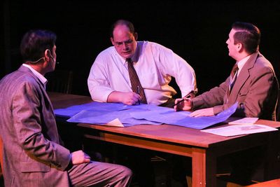 Reynaldo Arceno, Zachary Allen Farmer, and Sean Michael in New Line Theatre's ATOMIC. Photo
