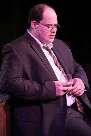 Zachary Allen Farmer as Leo Szilard, singing "The Atom Bomb is Here," in New Line The Photo