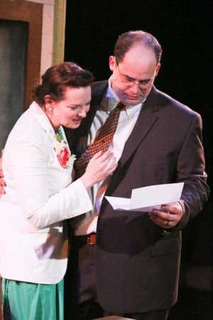 Ann Hier as Trude Weiss and Zachary Allen Farmer as Leo Szilard, in New Line Theatre's ATOMIC. Photo credit: Jill Ritter Lindberg. @ BroadwayWorld Ann Hier as Trude Weiss and Zachary Allen Farmer as Leo Szilard, in New Line Theatre' Photo