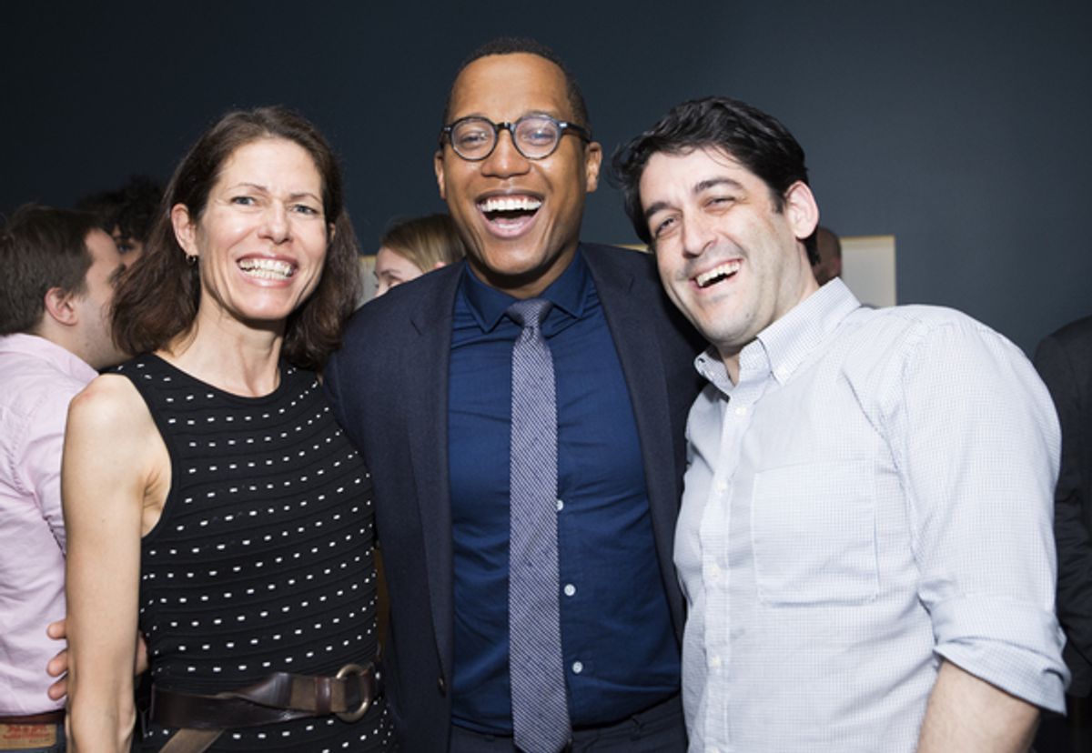 Playwright Branden Jacobs-Jenkins (center) celebrates with outgoing LCT3 Artistic Director Paige  Evans and incoming LCT3 Artistic Director Evan Cabnet. at 