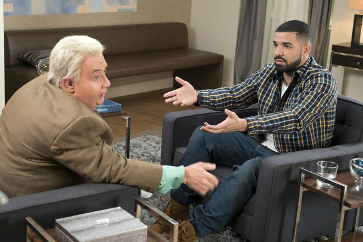 MAYA & MARTY -- 'Episode 102' -- Pictured: (l-r) Martin Short as Jiminy Glick, Drake during the 'Jiminy Glick Interview: Drake' sketch on June 7, 2016  -- (Photo by: Virginia Sherwood/NBC) at 