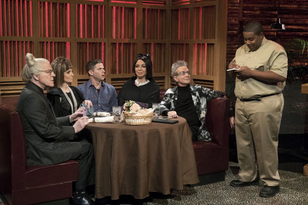 MAYA & MARTY -- 'Episode 102' -- Pictured: (l-r) Steve Martin, Tina Fey as Prostella, Mikey Day as Daniel, Maya Rudolph as Datricia, Martin Short as Itchard, Kenan Thompson during the 'Filthy Rich' sketch on June 7, 2016 -- (Photo by: Virginia Sherwood/NB at 