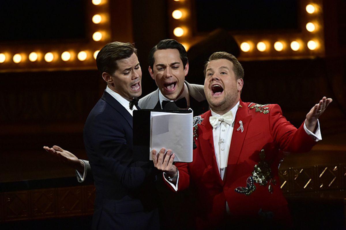 Andrew Rannells, Zachary Levi, and James Corden at 
