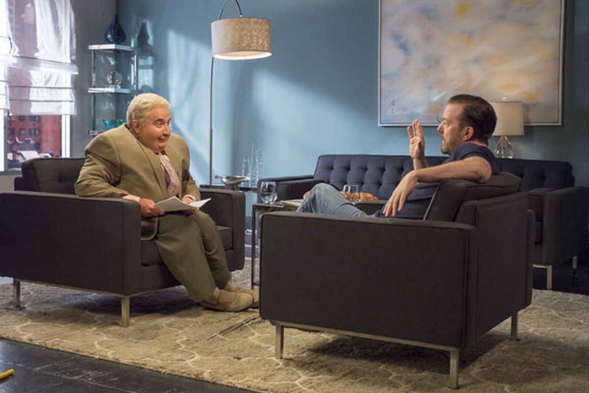 MAYA & MARTY -- Episode 104 -- Pictured: (l-r) Martin Short as Jiminy Glick, Ricky Gervais during the 'Jiminy Glick: Ricky Gervais' sketch on June 21, 2016 -- (Photo by: Steve Fenn/NBC) at 